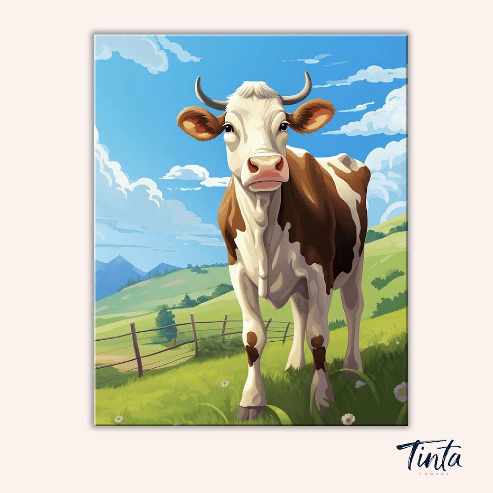 Full artwork of Pasture Calm paint by numbers kit showing a brown and white cow in green hills by Tinta Canvas