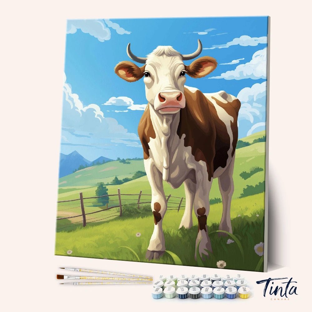 Angled canvas view of Pasture Calm paint by numbers kit featuring a cow in a sunny meadow by Tinta Canvas