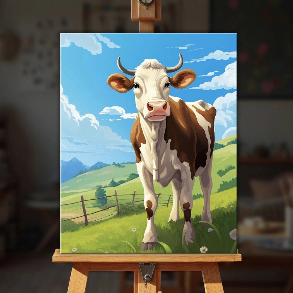 Pasture Calm paint by numbers kit displayed on an easel in a bright home interior by Tinta Canvas