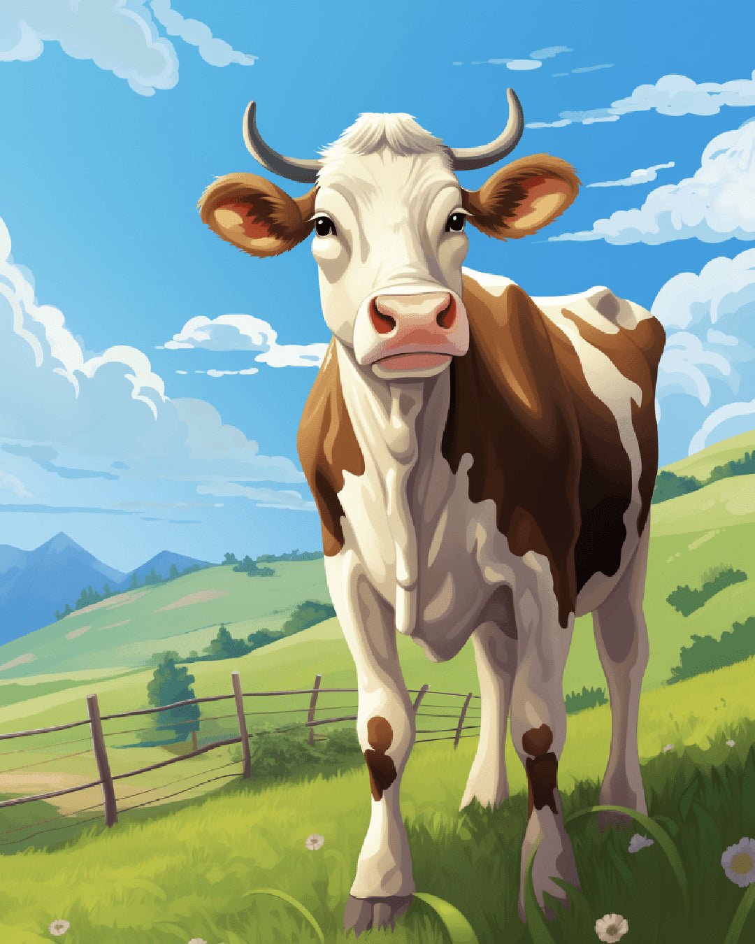 Raw landscape image of Pasture Calm paint by numbers kit with grazing cow and blue sky by Tinta Canvas