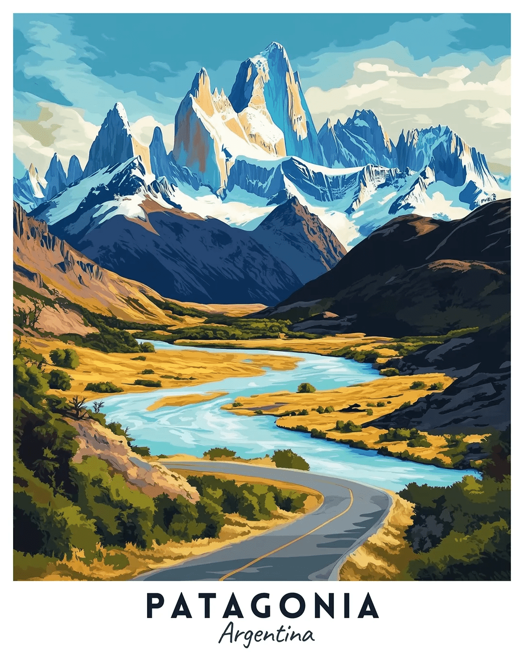 Patagonia Argentina travel poster paint by numbers kit featuring rugged mountains, flowing river, and vast natural landscape