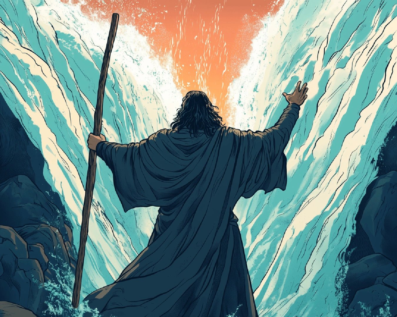 Canvas religious paint by numbers kit for adults featuring a dramatic spiritual scene with parted waters and radiant light by Tinta Canvas