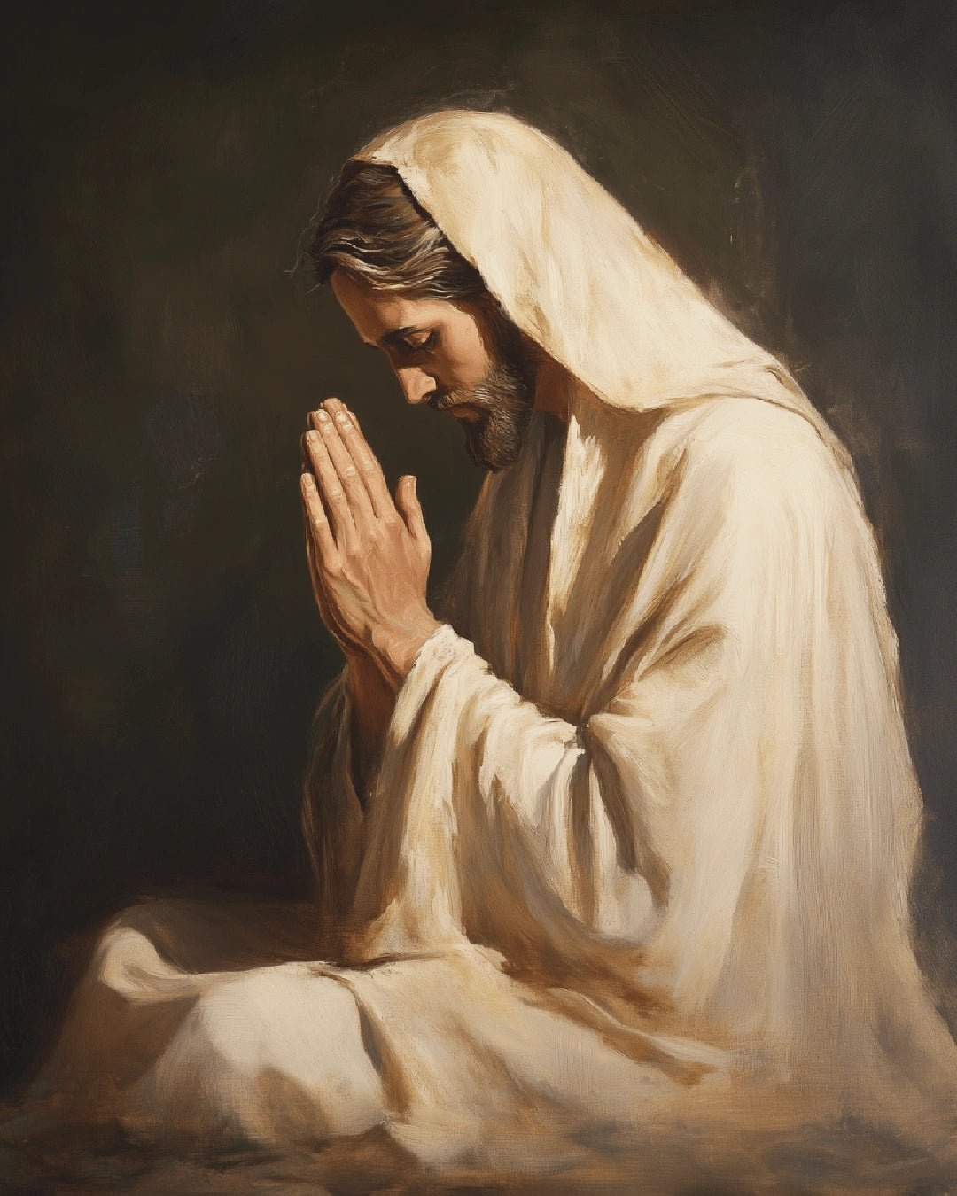 Spiritual paint by numbers kit canvas painting featuring a calm prayer moment with soft lighting and flowing robes