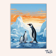 Clean artwork of the Penguin Family paint by numbers kit featuring a parent penguin with two chicks in a polar landscape by Tinta Canvas