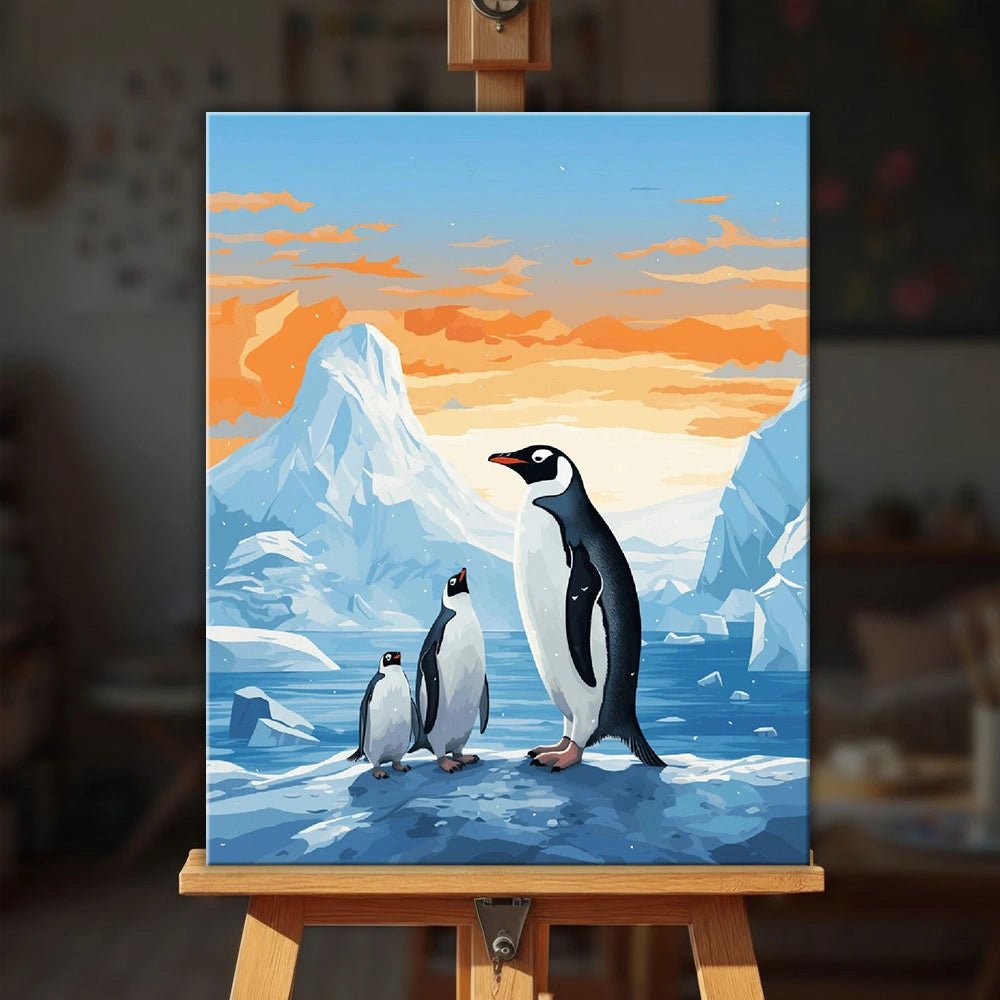 Penguin Family paint by numbers kit displayed on an easel with a serene icy coastline and penguins under a warm sunset sky by Tinta Canvas