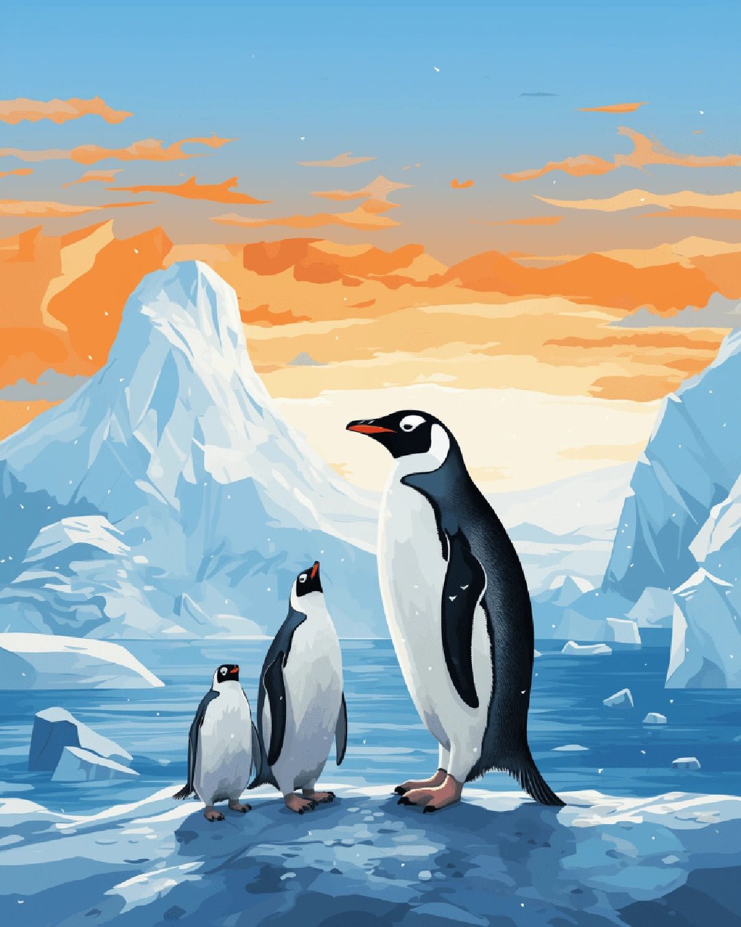 Raw artwork from the Penguin Family paint by numbers kit showing penguins gathered on frozen terrain with distant ice peaks by Tinta Canvas