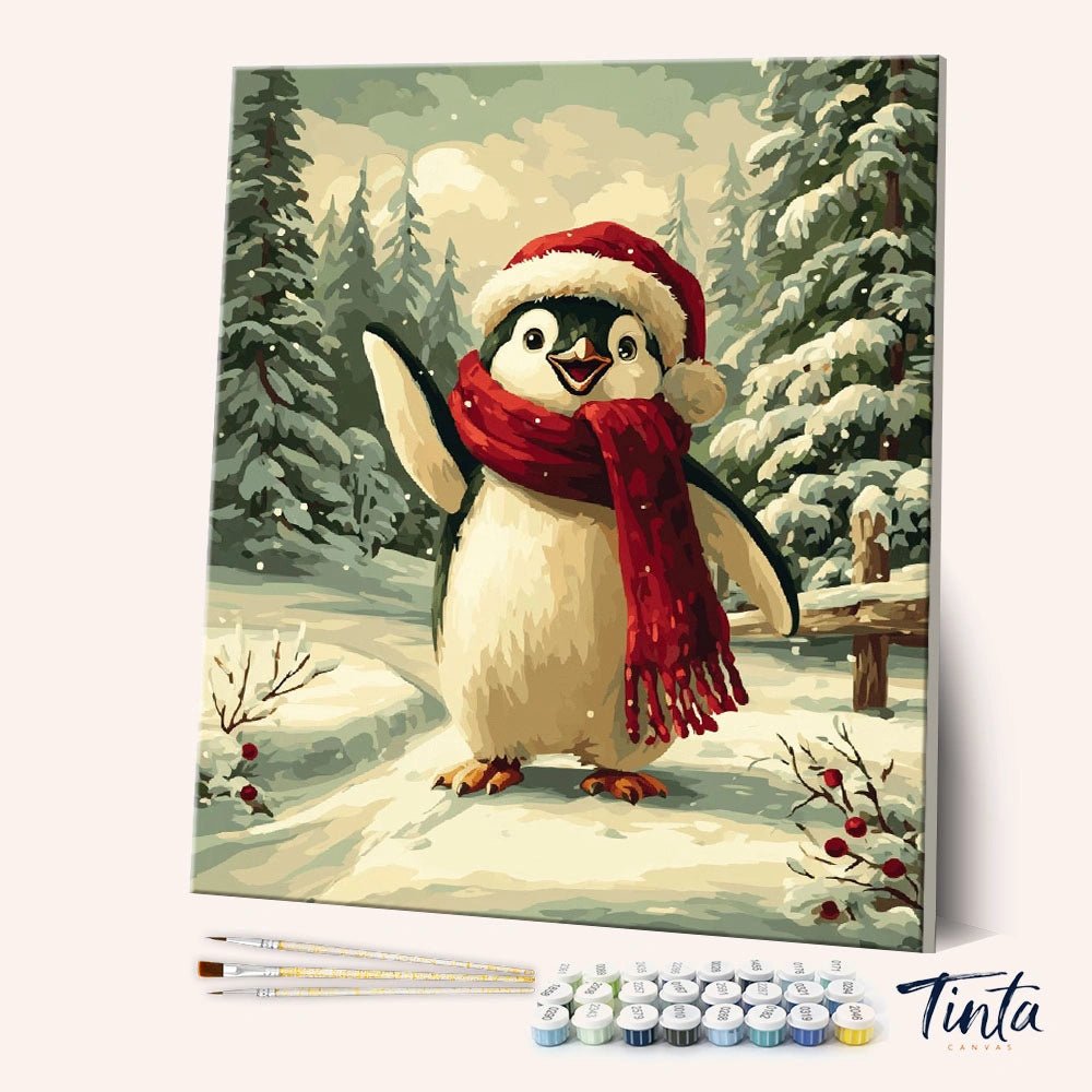 Angled display of the Penguin Greetings paint by numbers kit featuring a cheerful penguin in a winter forest by Tinta Canvas