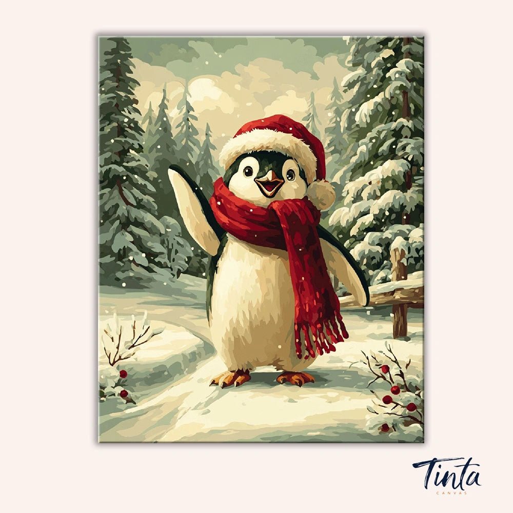 Clean artwork of the Penguin Greetings paint by numbers kit showing a penguin wearing a red scarf and hat in snowy woods by Tinta Canvas