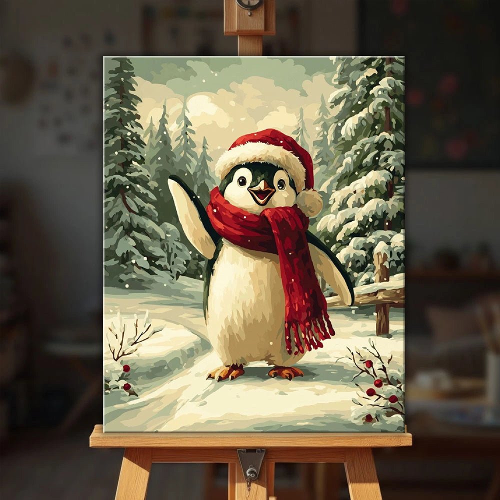 Penguin Greetings paint by numbers kit displayed on an easel with a festive penguin standing in a snowy winter landscape by Tinta Canvas