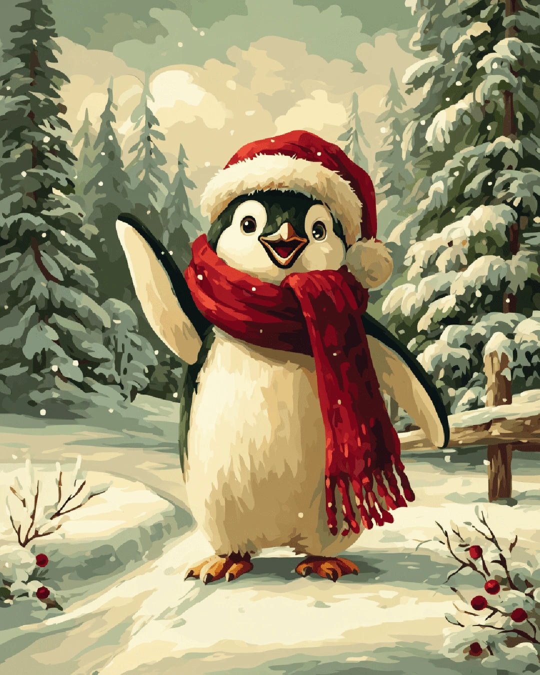 Raw artwork from the Penguin Greetings paint by numbers kit showing a friendly penguin waving in a snowy forest by Tinta Canvas