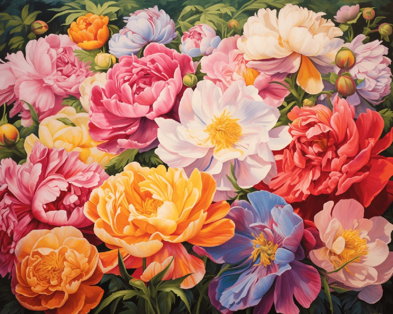 Flower paint by numbers kit canvas painting showing vibrant peony blossoms in a detailed floral composition