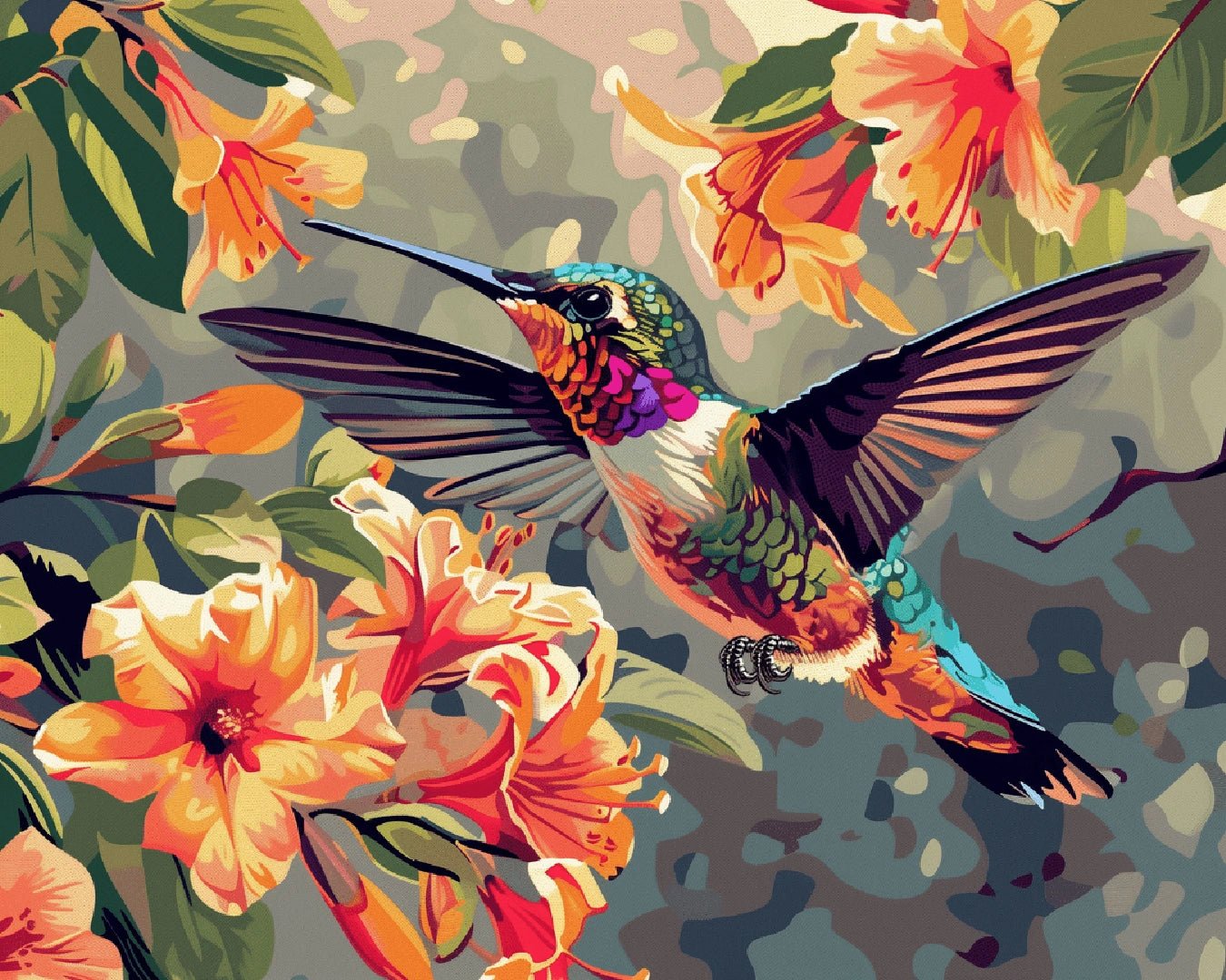 Paint by numbers canvas featuring a colorful hummingbird hovering near blooming flowers