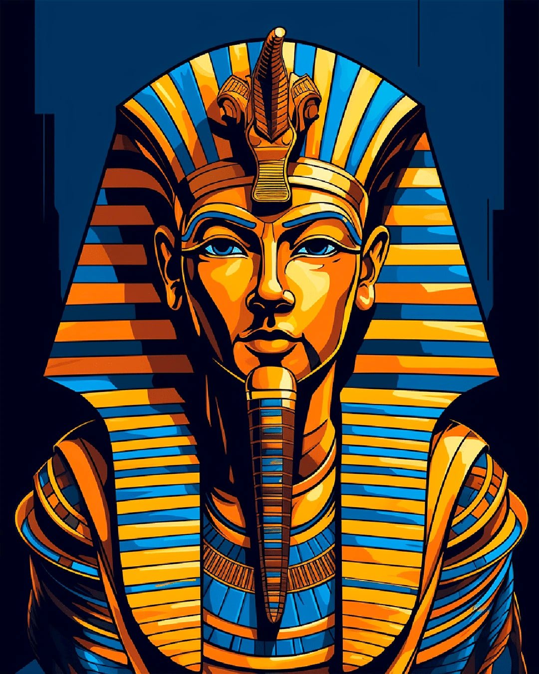 Canvas portrait paint by numbers kit for adults showcasing a bold pharaoh portrait in gold and blue tones by Tinta Canvas