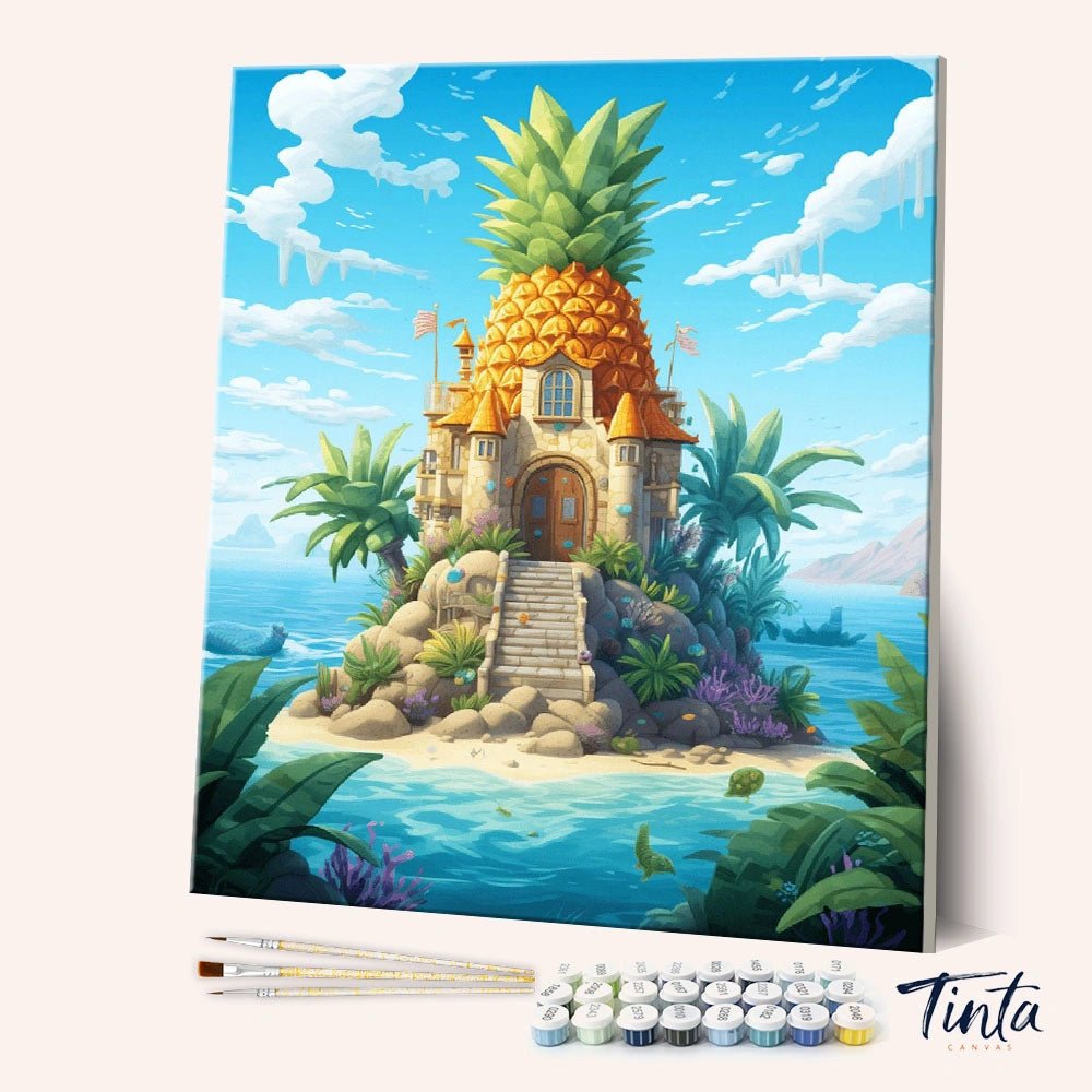 Angled display of the Pineapple Retreat paint by numbers kit showing a pineapple house on a tropical island with ocean views by Tinta Canvas