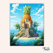 Clean artwork of the Pineapple Retreat paint by numbers kit featuring a detailed pineapple shaped house surrounded by water by Tinta Canvas