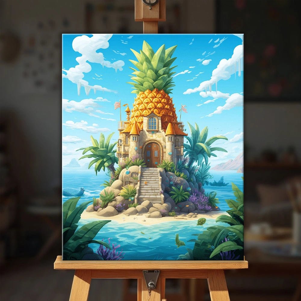 Pineapple Retreat paint by numbers kit displayed on an easel with a bright island setting and whimsical pineapple cottage by Tinta Canvas