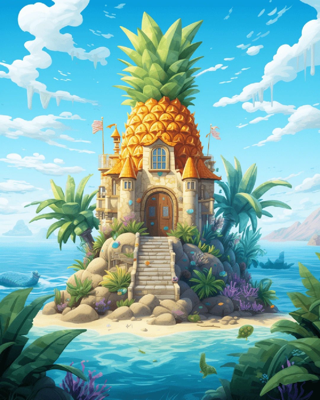 Raw artwork from the Pineapple Retreat paint by numbers kit showing a tropical pineapple home with palm trees and clear blue sea by Tinta Canvas