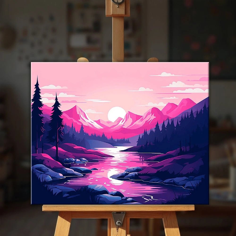 Pink Alpine Sunset paint by numbers kit displayed on an easel showing a serene pink sunset landscape with mountains and river by Tinta Canvas