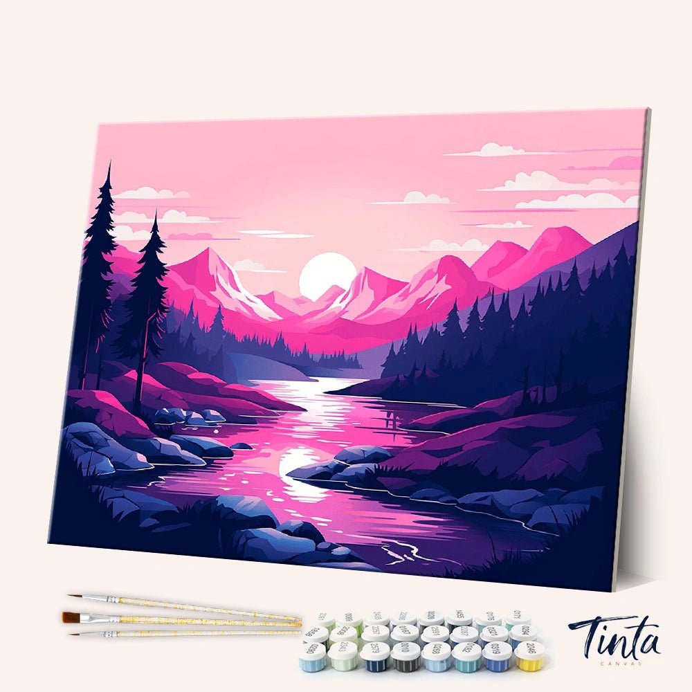 Pink Alpine Sunset paint by numbers kit showing a glowing pink mountain sunset with a flowing river by Tinta Canvas