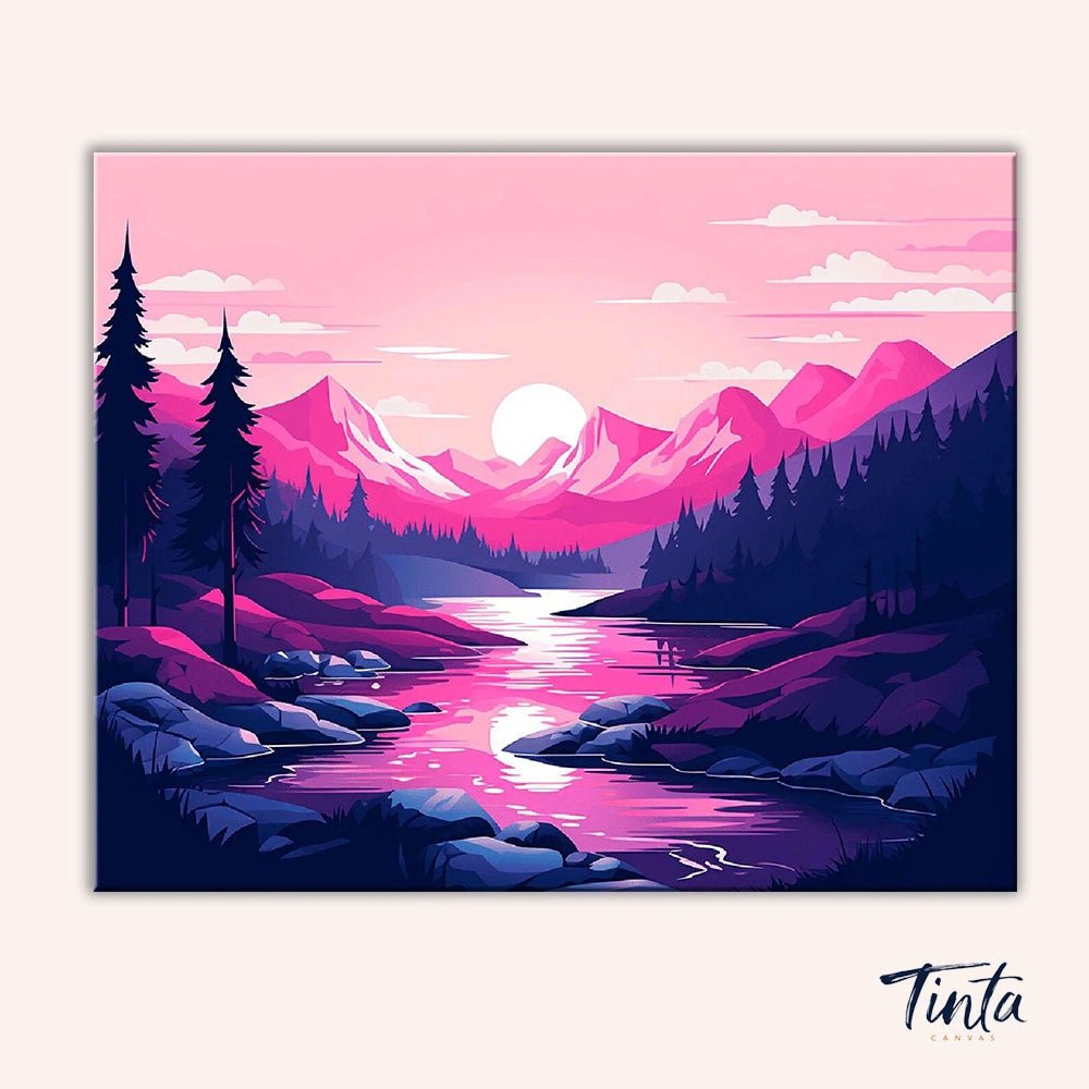 Pink Alpine Sunset paint by numbers kit artwork featuring vibrant pink mountains and a reflective river at sunset by Tinta Canvas