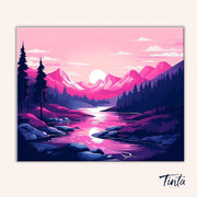 Pink Alpine Sunset paint by numbers kit artwork featuring vibrant pink mountains and a reflective river at sunset by Tinta Canvas