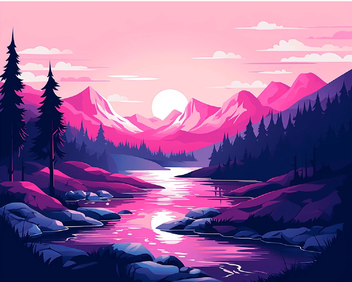 Pink Alpine Sunset paint by numbers kit landscape showing a pink sunset over alpine mountains and a winding river by Tinta Canvas