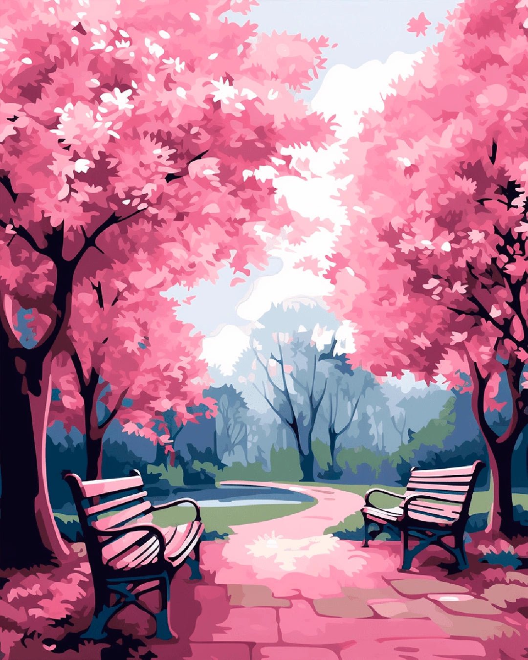 Paint by numbers kit canvas painting of a quiet pink park scene with flowering trees, benches, and a soft winding walkway
