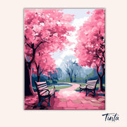Clean artwork of Pink Park paint by numbers kit featuring vibrant cherry blossom trees and park scene without tools visible by Tinta Canvas