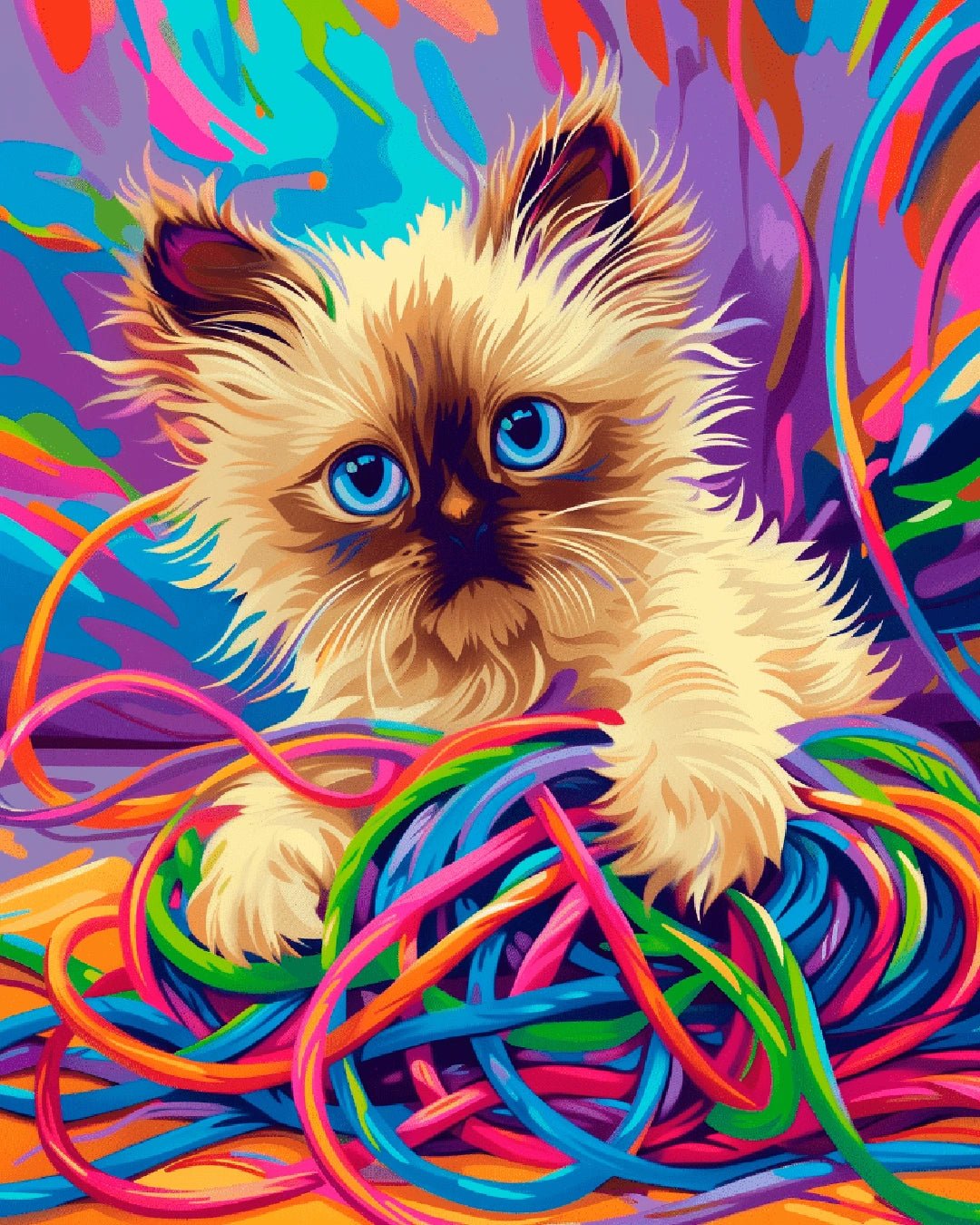 Paint by numbers kit painting for adults featuring a colorful kitten painting masterpiece with bright abstract details