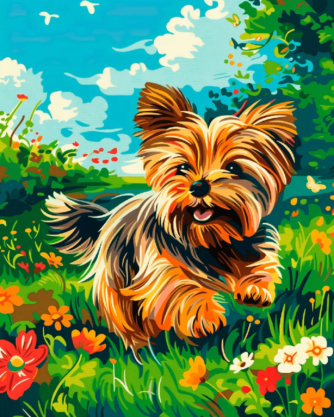 Pet paint by numbers kit canvas painting featuring a cheerful yorkie surrounded by flowers