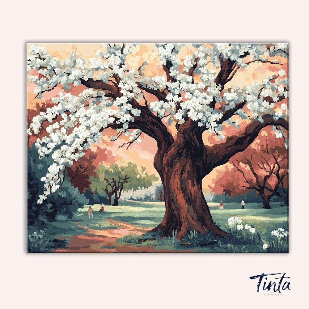 Clean artwork of Plum Garden paint by numbers kit featuring a flowering tree with soft pastel tones and park landscape without tools visible by Tinta Canvas