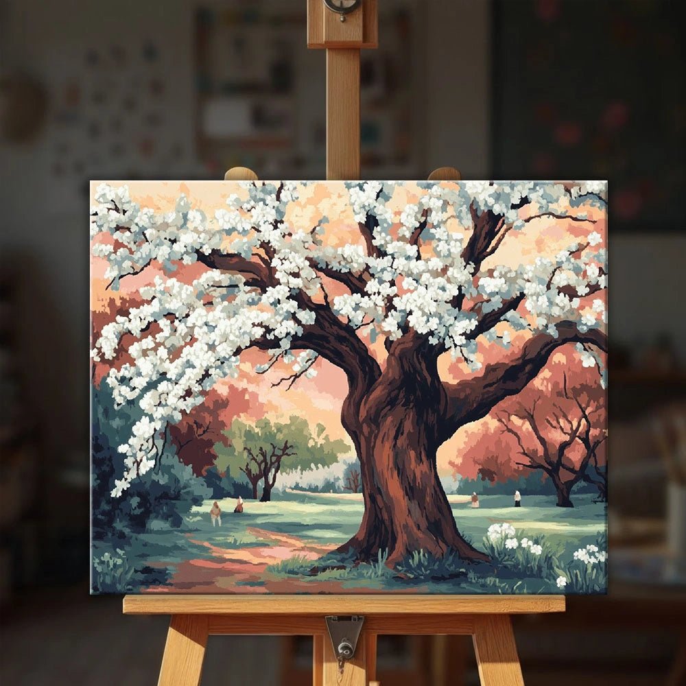 Plum Garden paint by numbers kit displayed on easel in a cozy room highlighting blooming tree artwork with warm natural tones by Tinta Canvas