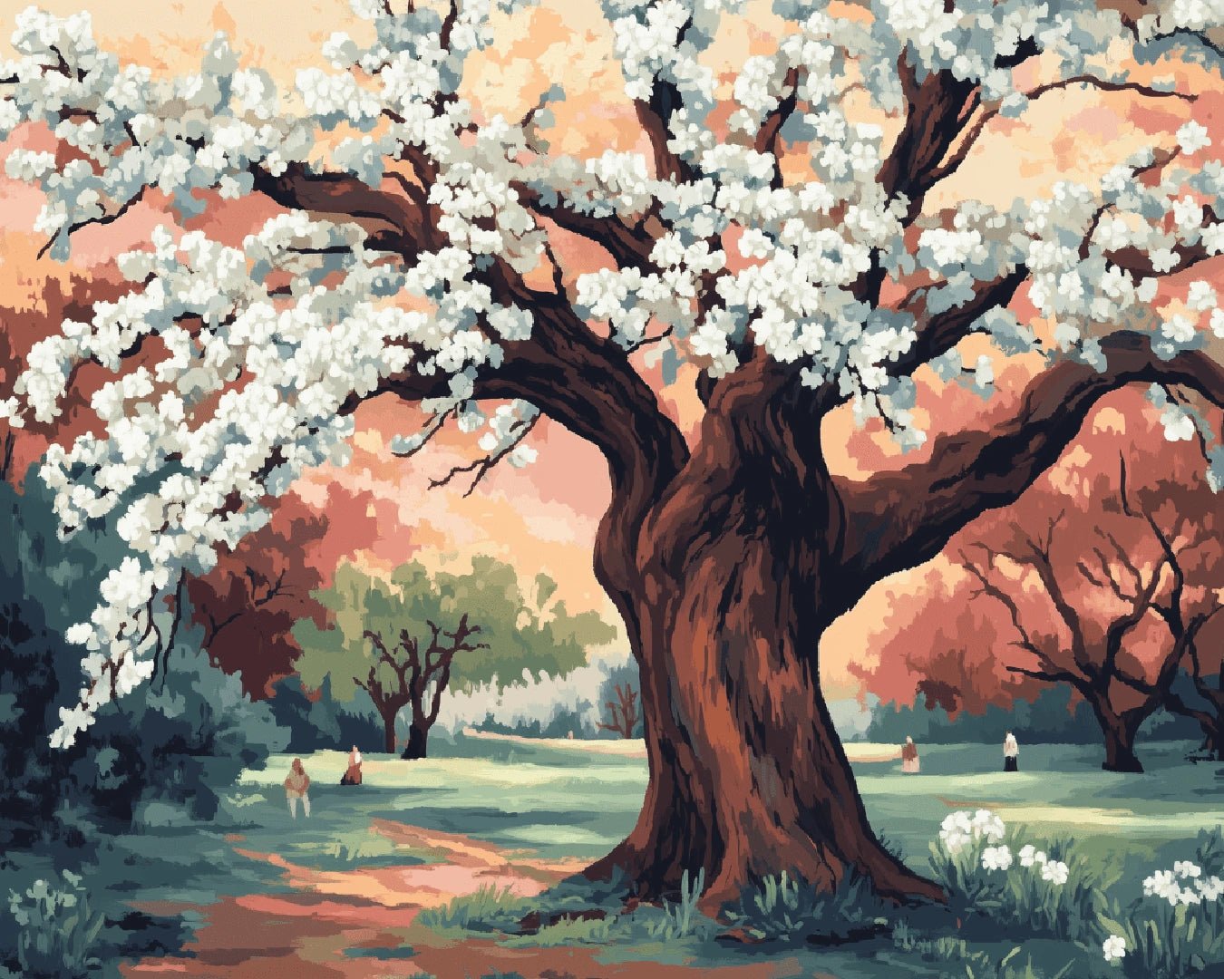 Original Plum Garden paint by numbers kit landscape showing large flowering tree, grassy field, and peaceful park setting in full composition by Tinta Canvas