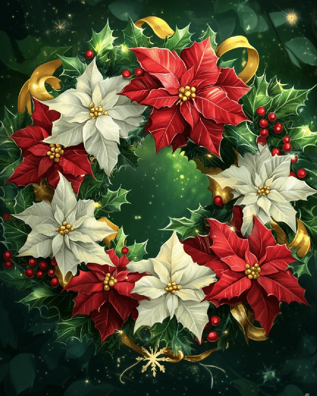 Flower paint by numbers kit canvas painting featuring a festive poinsettia wreath design