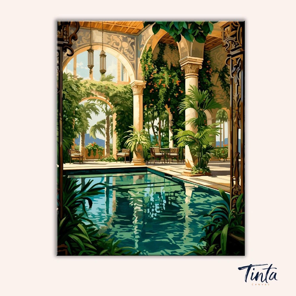 Clean artwork of Poolside Flora paint by numbers kit featuring tranquil pool, lush greenery, and architectural arches without tools visible by Tinta Canvas