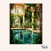 Clean artwork of Poolside Flora paint by numbers kit featuring tranquil pool, lush greenery, and architectural arches without tools visible by Tinta Canvas
