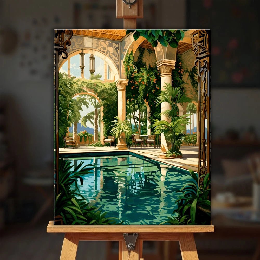 Poolside Flora paint by numbers kit displayed on easel in stylish interior highlighting tropical pool scene and decorative ambiance by Tinta Canvas