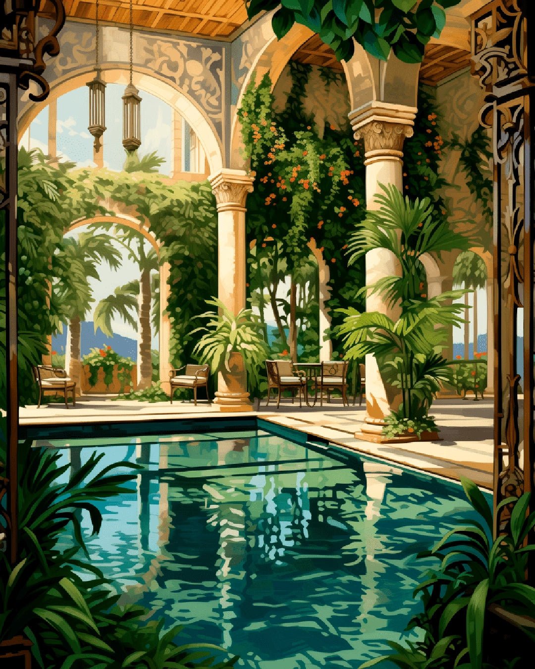 Original Poolside Flora paint by numbers kit landscape showing serene pool, columns, and vibrant plants in full composition by Tinta Canvas