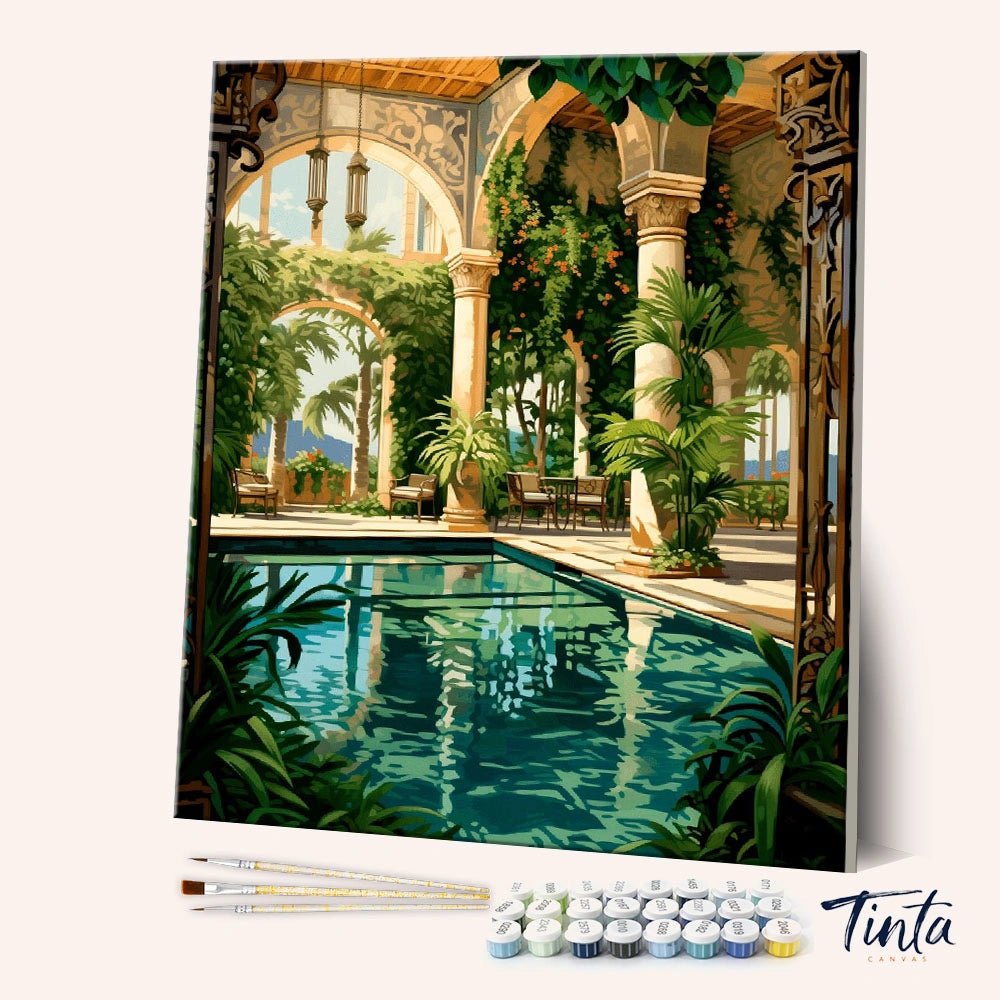 Angled view of Poolside Flora paint by numbers kit showing elegant pool with arches, plants, and tools included by Tinta Canvas