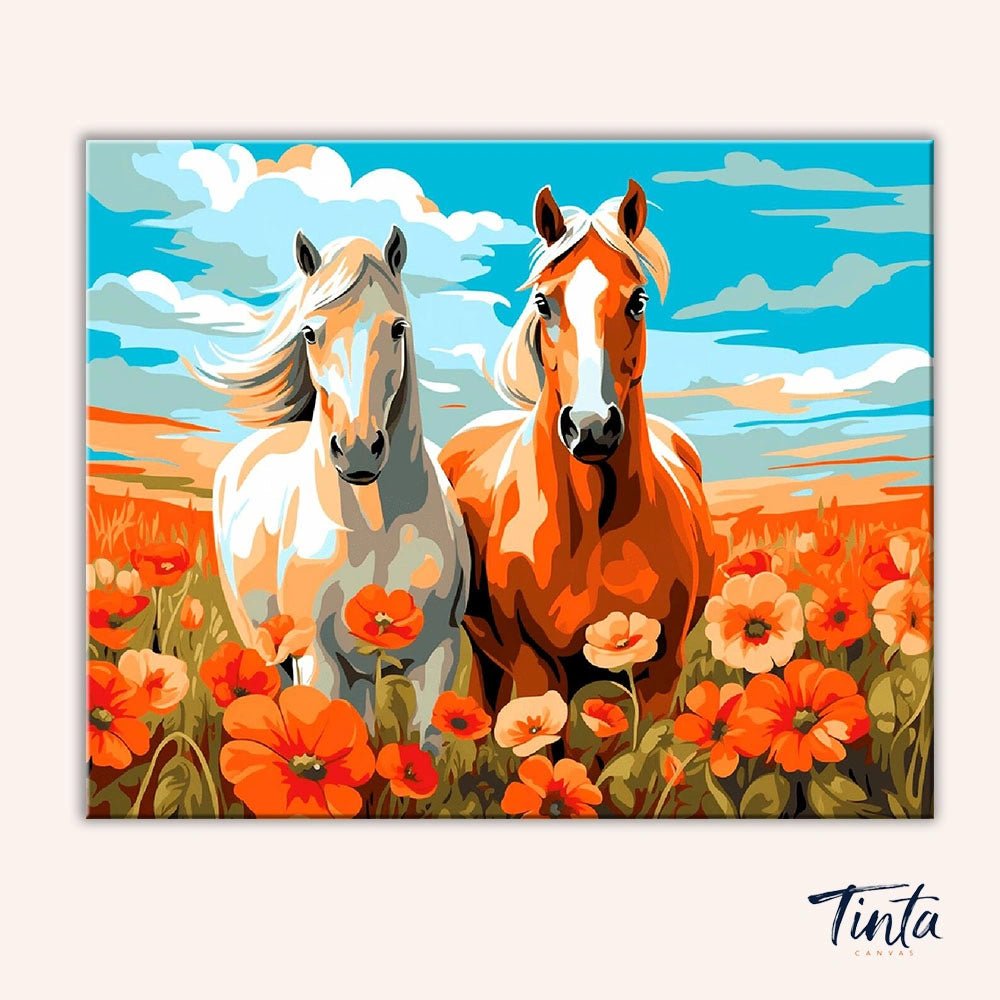 Clean artwork of the Poppy Horses paint by numbers kit featuring two horses standing among bright red poppies under a blue sky by Tinta Canvas