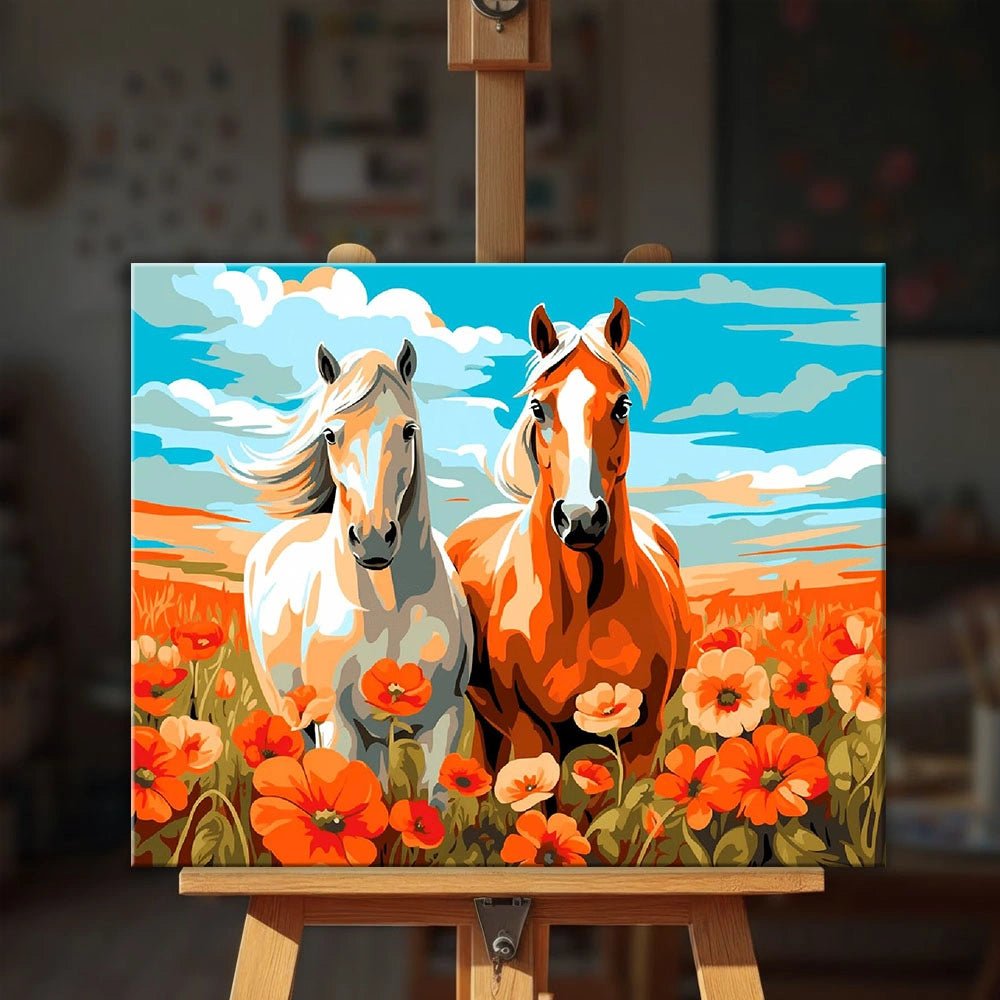 Poppy Horses paint by numbers kit displayed on an artist easel showing colorful horse painting in a poppy field by Tinta Canvas