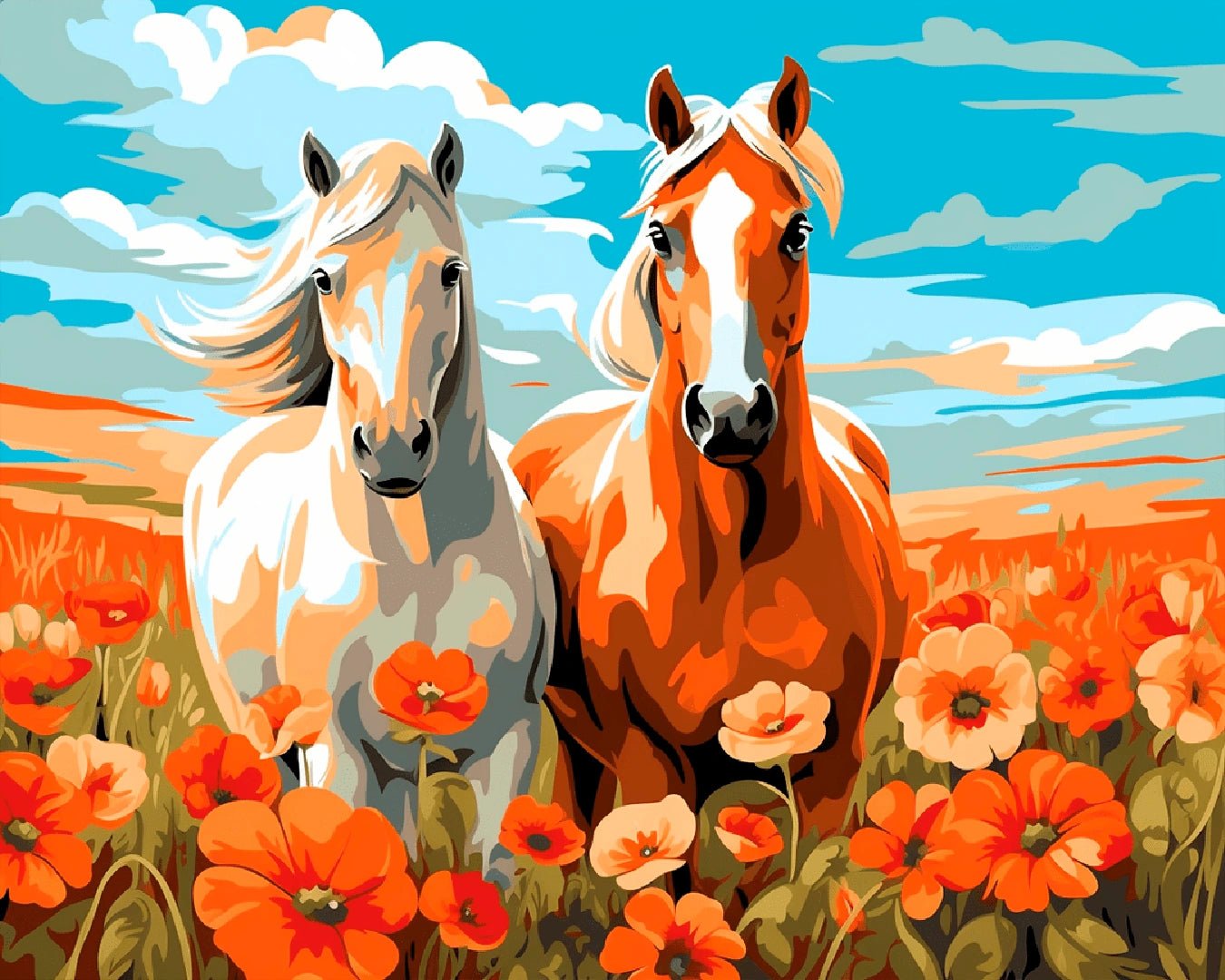 Raw landscape view of the Poppy Horses paint by numbers kit artwork with two horses surrounded by blooming poppies by Tinta Canvas