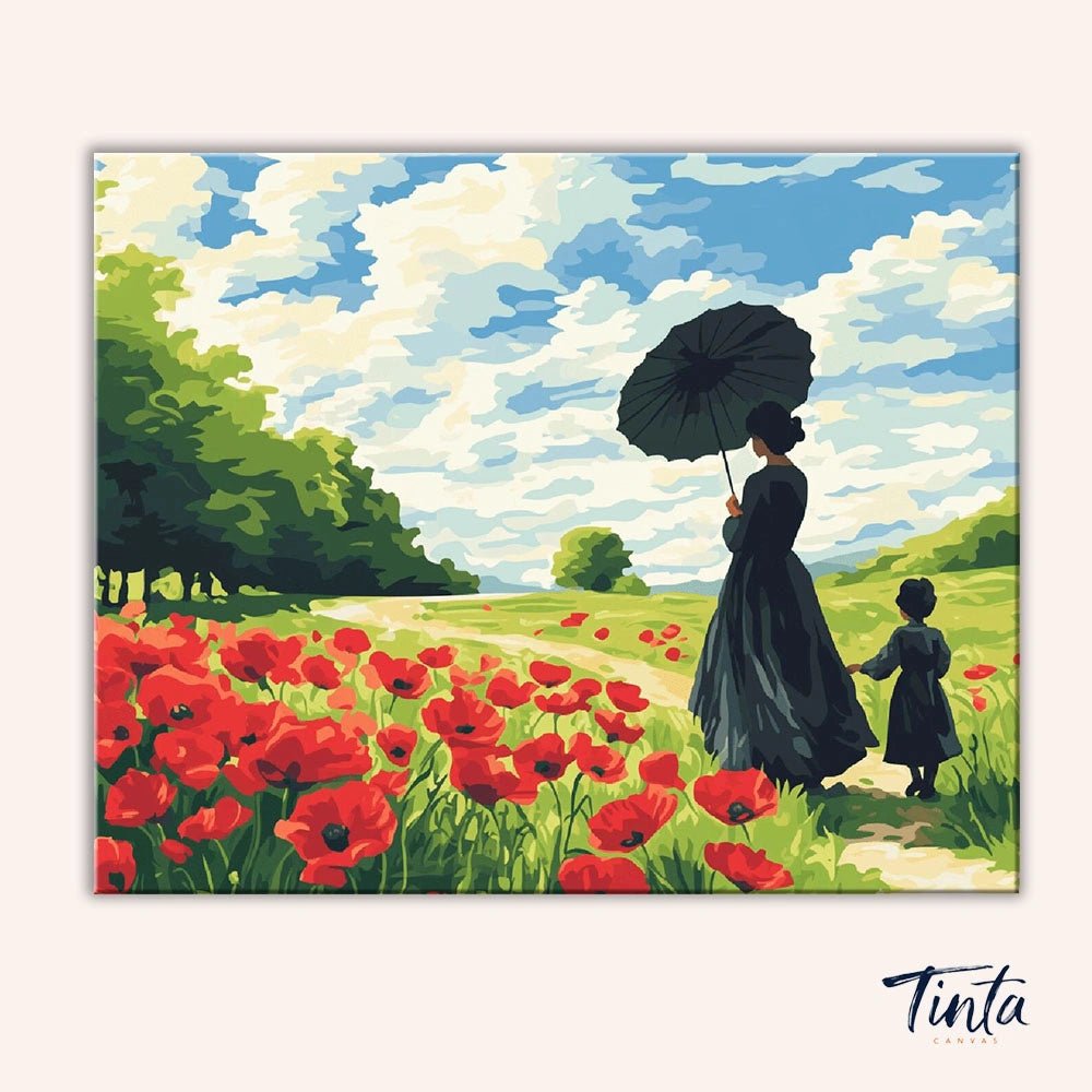 Clean artwork of Poppy Path paint by numbers kit featuring bright red poppies, blue sky, and figures walking along path without tools visible by Tinta Canvas