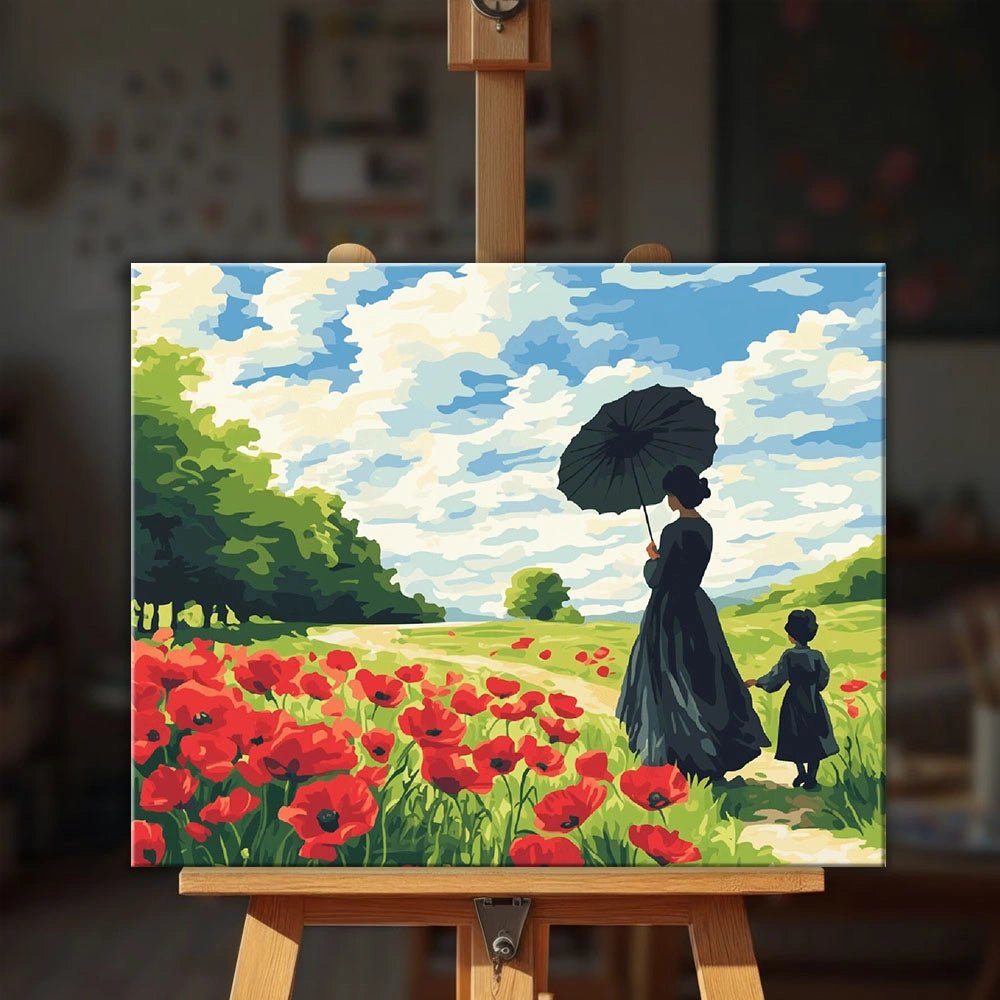 Poppy Path paint by numbers kit displayed on easel in cozy interior highlighting vibrant poppy field scene and peaceful countryside mood by Tinta Canvas