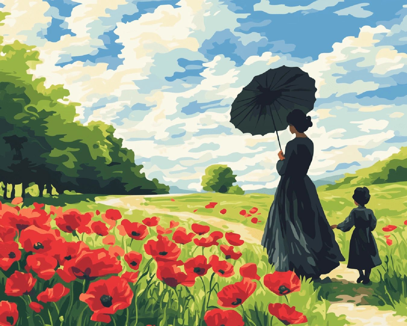 Original Poppy Path paint by numbers kit landscape showing blooming red poppies, open sky, and figures walking through field in full composition by Tinta Canvas