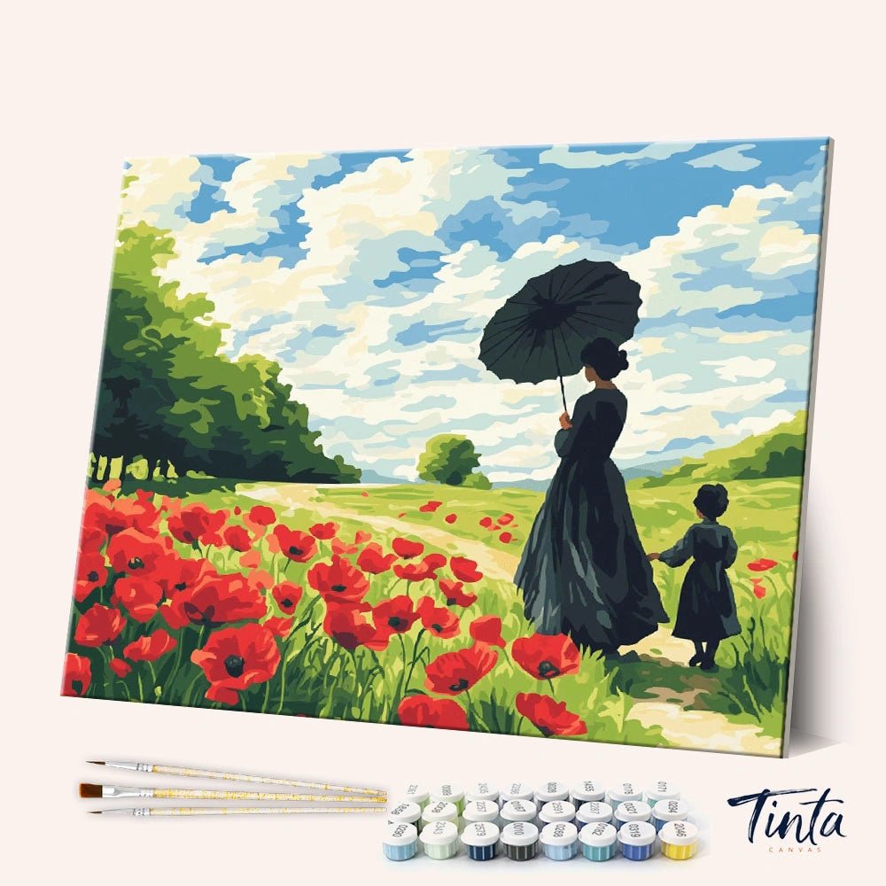 Angled view of Poppy Path paint by numbers kit showing red poppy field with woman and child under umbrella with tools included by Tinta Canvas