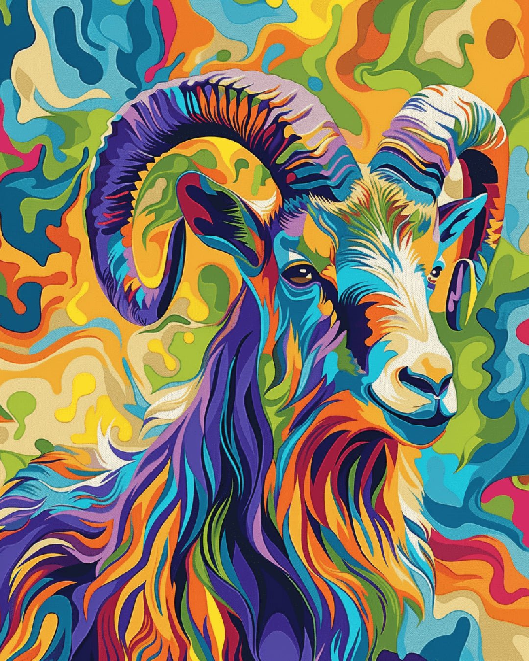Prismatic Ram paint by numbers kit featuring a colorful ram with flowing multicolor patterns