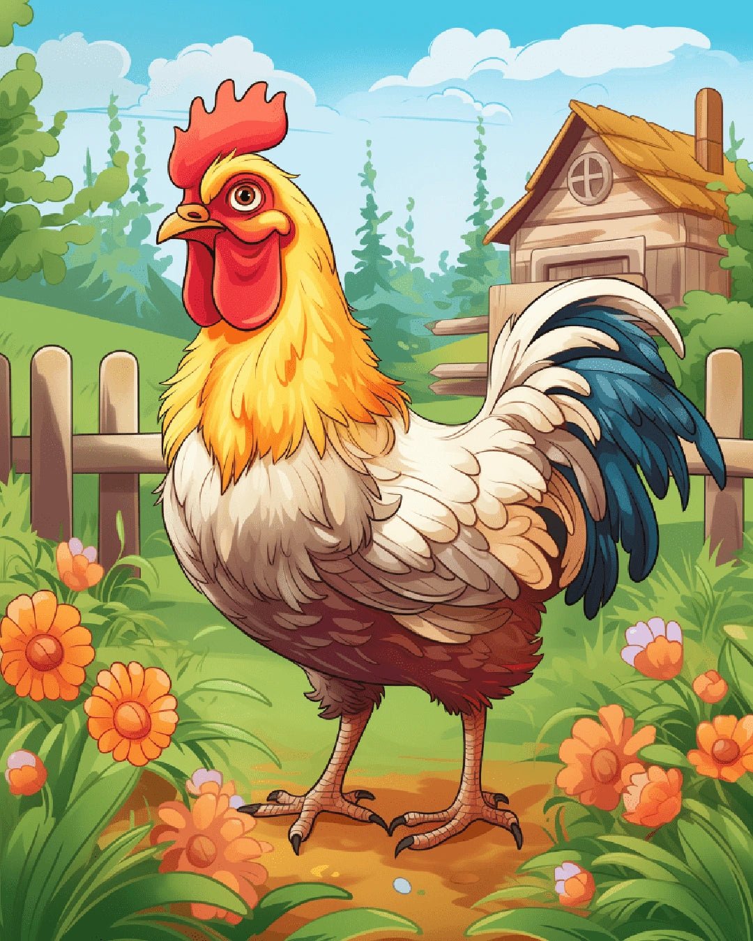 Farm animal paint by numbers kit canvas painting featuring a rooster with a fence and small coop in the background