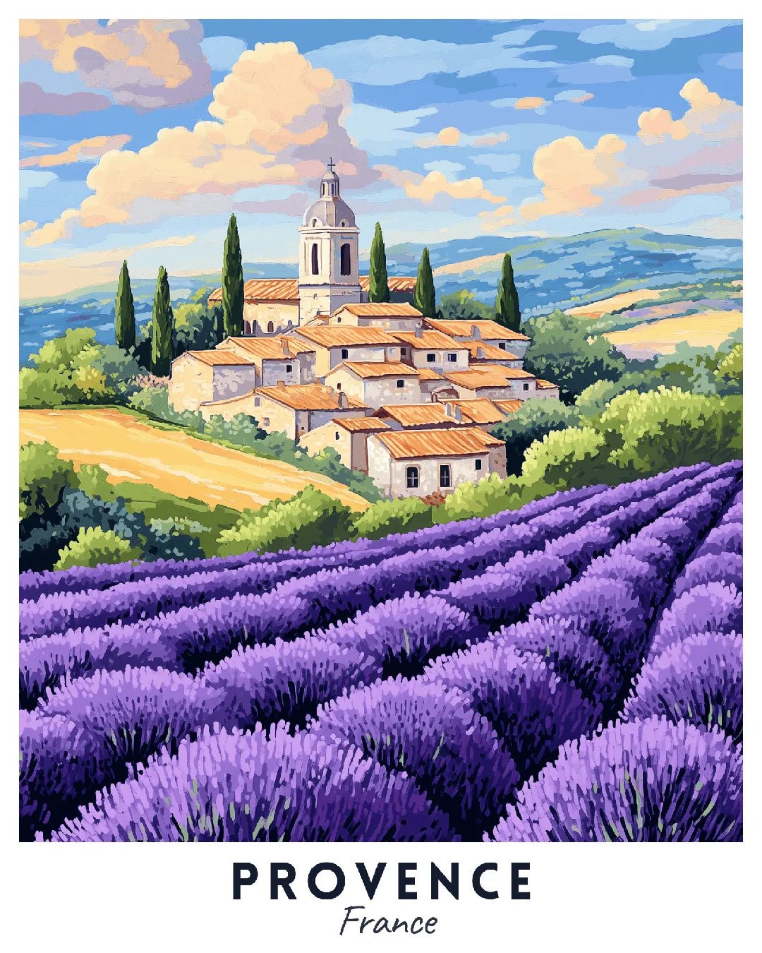 Provence France travel poster paint by numbers kit showing purple lavender fields and rustic countryside village