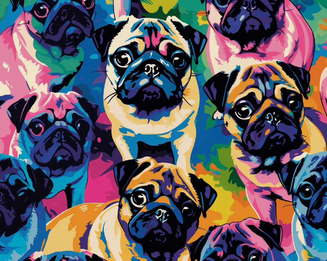 Dog paint by numbers kit canvas painting showing repeated pug portraits in bright, playful colors
